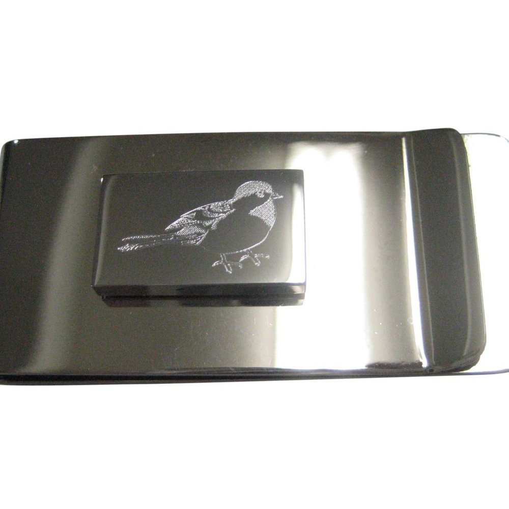 Silver Toned Rectangular Etched Chickadee Bird Money Clip